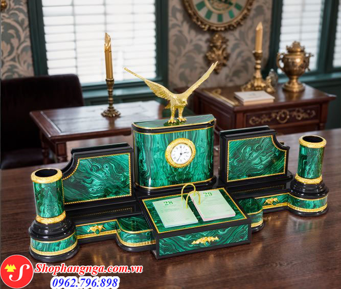 Bộ dụng cụ để bàn làm việc bằng đá Malachite