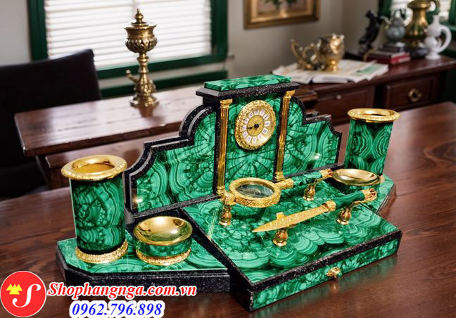 Bộ khay cắm bút bàn làm việc bằng đá khổng tước của Nga