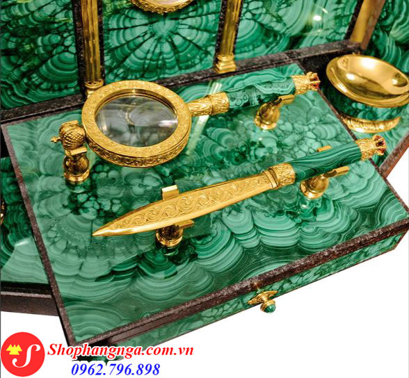 Bộ khay cắm bút bàn làm việc bằng đá khổng tước của Nga