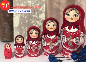 Búp Bê Matryoshka 5 Con Số 17 Cô Gái Quàng Khăn Màu Nâu Đỏ