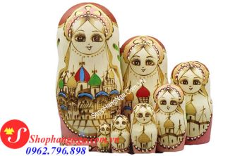 Búp Bê Matryoshka Nga 7 Con Số 12 Gỗ Mộc Hình Cung Điện