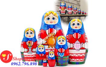 Búp Bê Matryoshka Nga 7 Con Số 13 Trang Phục Màu Xanh Đỏ