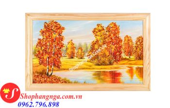 Tranh Hổ Phách Phong Cảnh Hồ Trong Rừng Bạch Dương